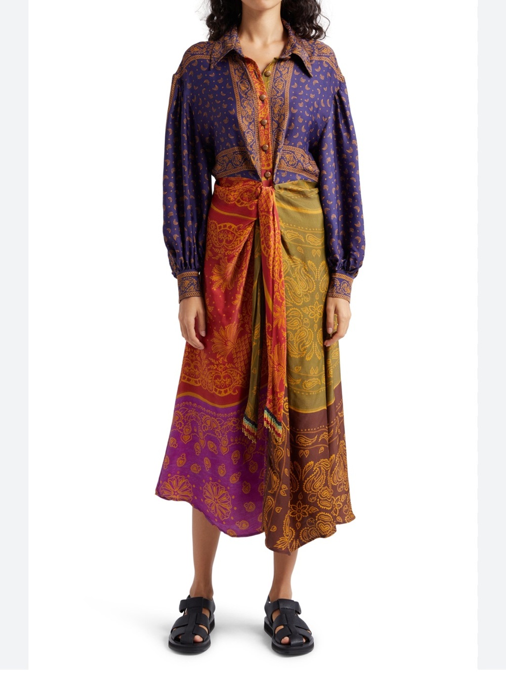 FARM Rio Multicolor Bandana-Print Midi Skirt — Purple, Red, Olive, Brown